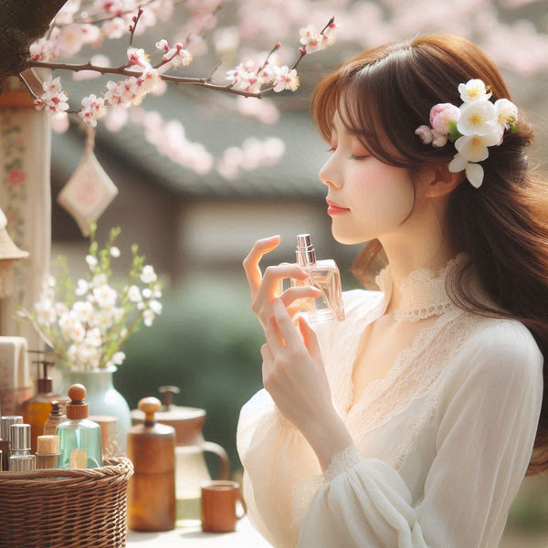 Mujer colocandose perfume en primavera